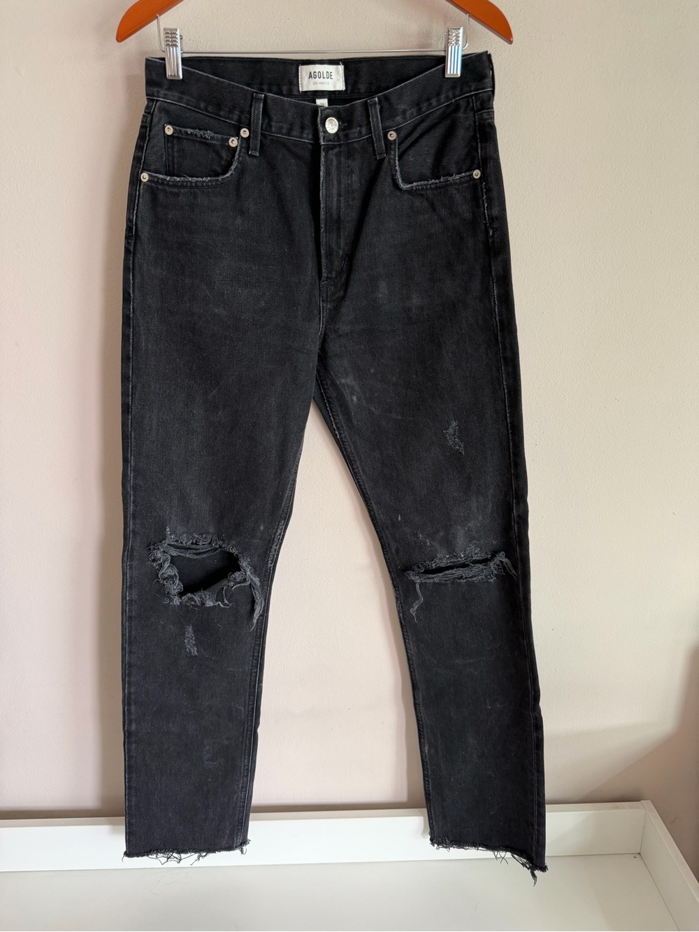 AGOLDE Distressed High Rise Straight Leg Jeans Faded Black Size 28